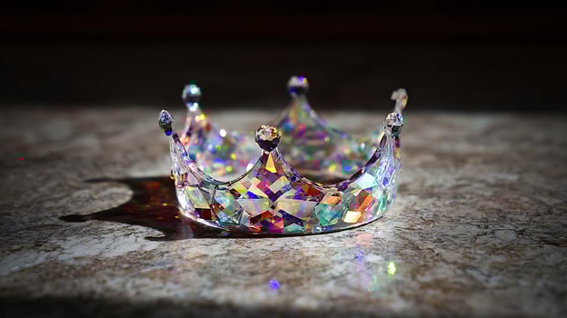 Sparkling Crystal Crown Reflects Rainbow Light on Textured Surface. photo