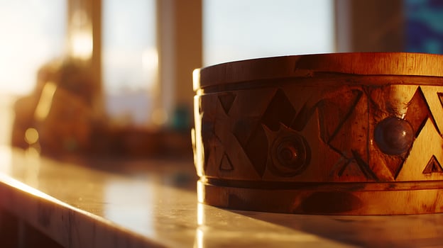 Warm Sunlight Illuminates Detailed Hand Carved Wooden Bowl. photo