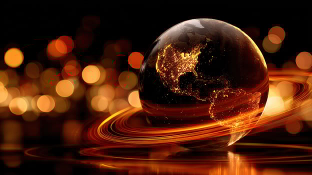 Global connections in glass globe against abstract bright blurred lights background photo