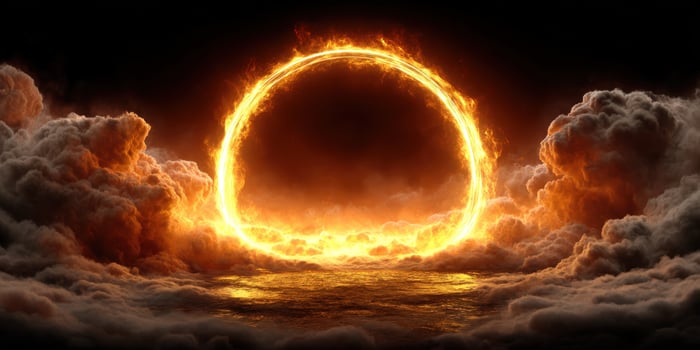 Glowing circle portal of fire over water, surrounded by clouds, for illustration photo
