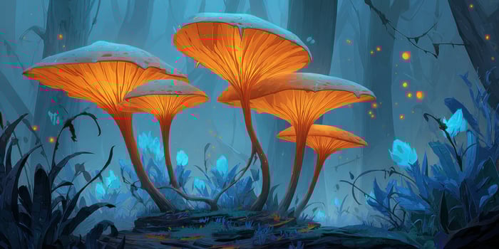 Glowing mushrooms in forest, fantasy concept. Nature illustration background photo