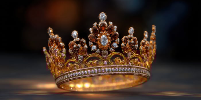 Gold crown gleaming on surface, luxury, coronation, monarchy on blurred backg photo