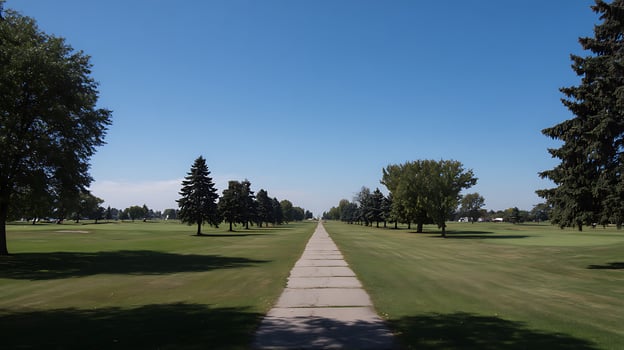 Long pathway through a lush green golf course on a clear day. photo
