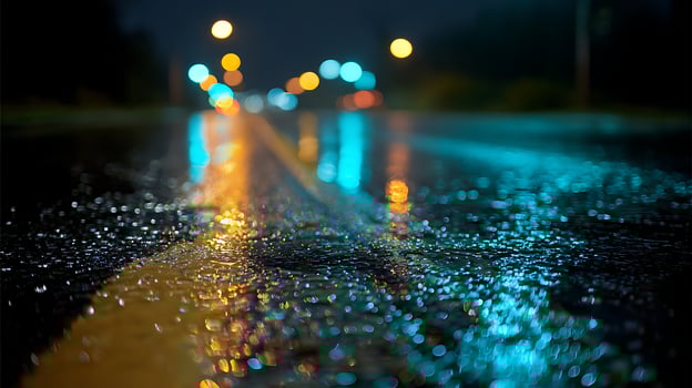 Colorful Night Road Reflections After Rain Bokeh Lights. photo