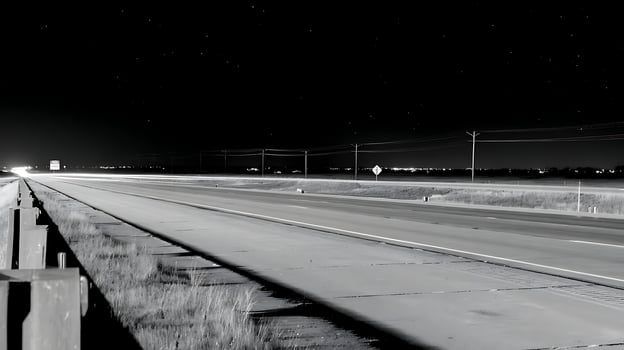 Endless Highway Journey Under a Starry Night Sky. photo