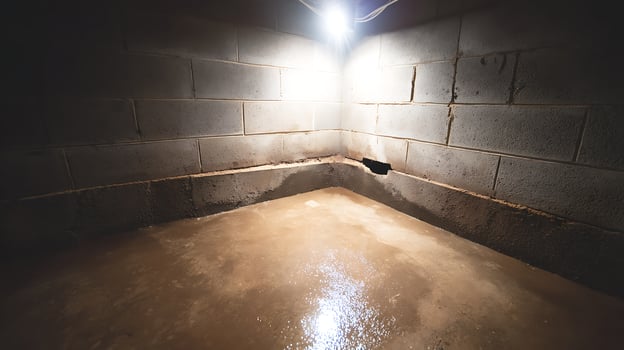Damp Foundation Corner with Bright Overhead Light Source. photo