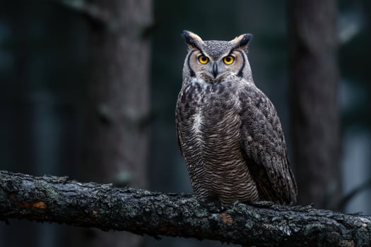 Great horned owl perched on a branch in a forest, looking at the camera, wildlife photo