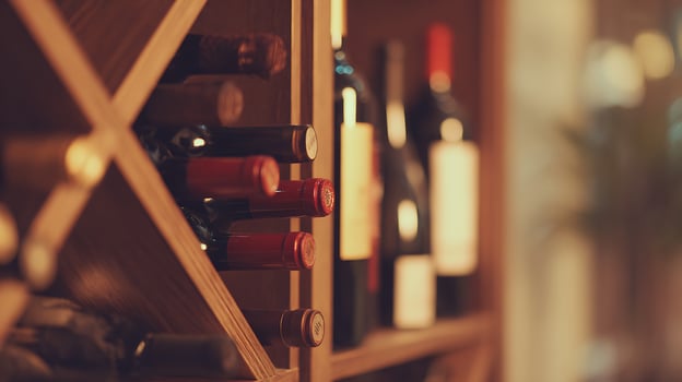 Bottles of Red Wine Resting in a Wooden Cellar Rack. photo