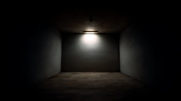 Stark room with single bright light illuminating the darkness. photo