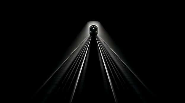 A lone train emerges from a dark tunnel into bright light. photo