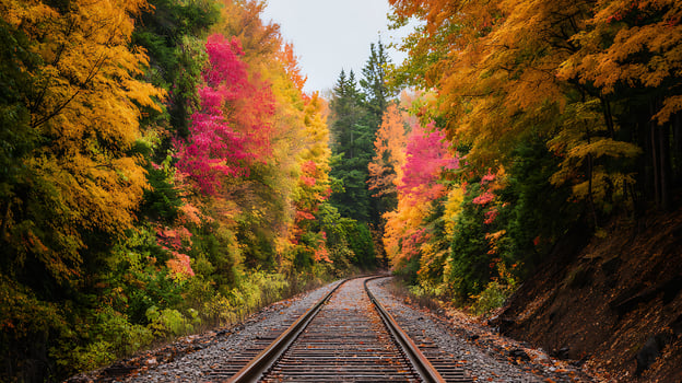 Train Tracks Through a Stunning Autumn Forest Canopy. photo