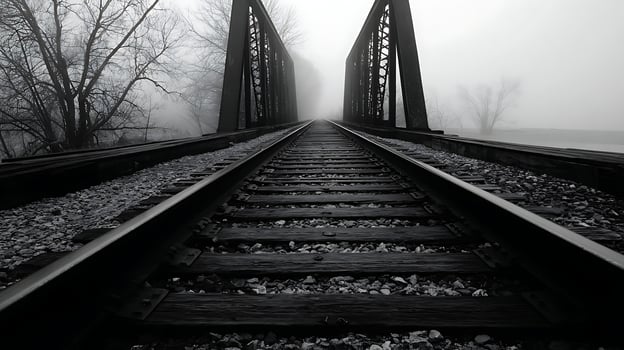Misty Railroad Tracks Lead to an Old Train Bridge. photo