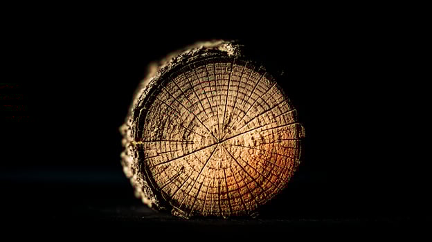 Close Up of a Rough Wood Log with Striking Sunlight. photo