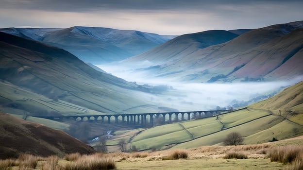 Misty Valley And Ancient Railway Bridge Under A Cloudy Sky. photo