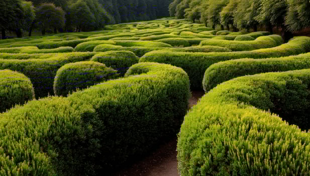 Green maze in park Walk, find exit, get lost. Nature backgrounds. Ideas, fun photo