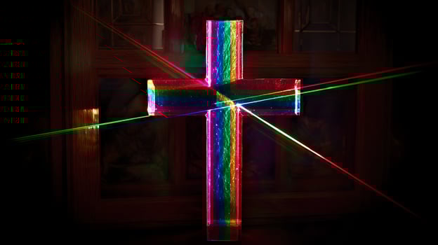 Rainbow Light Streaks Across a Colorful Cross Against Dark Wood. photo