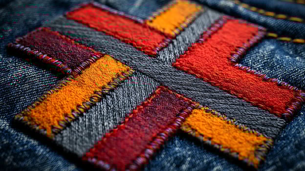Textured Fabric Patchwork with Detailed Stitching and Denim Background. photo