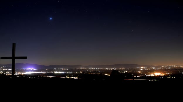 Majestic Cross Silhouetted Against Starry Night Sky Over Cityscape. photo