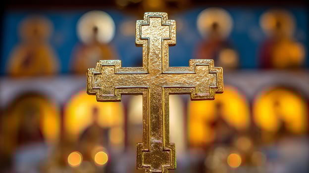 Close Up Golden Orthodox Cross With Blurry Religious Icons In Background. photo
