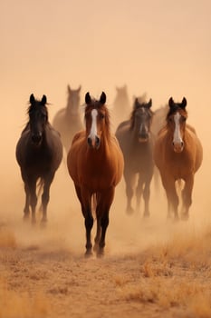 Horses running in a dusty field, advertising equine products or nature topics photo