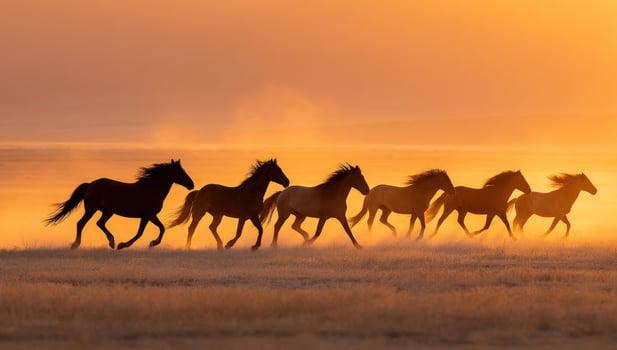 Horses running at dawn on a pasture with fog in the background for equine usage photo