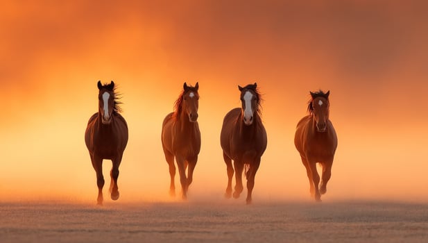 Horses Running wild in grassland. Dust around. Warm Sunlight. Equine Stock Image photo