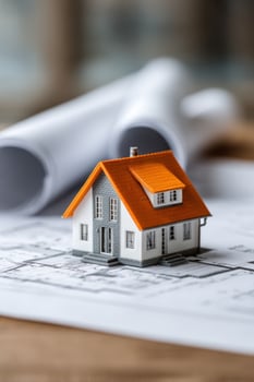 House model on blueprint, property design concept, rolled blueprints background photo