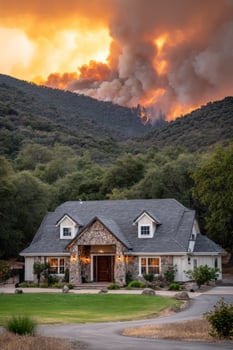House on fire in the mountains. Home insurance, natural disaster, wildfire risk photo