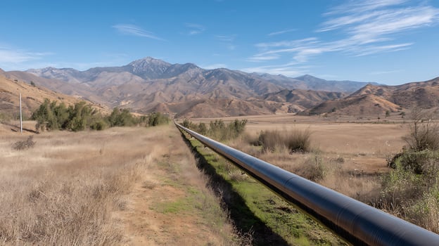 Vast Landscape with Industrial Pipeline Leading to Distant Mountains. photo