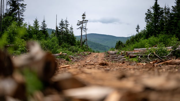 Forest logging road with felled trees and distant green hills. photo
