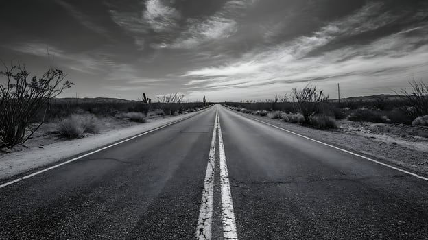 Endless Desert Highway Leading to the Horizon in Black and White. photo