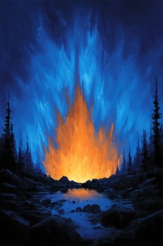 Lake Reflecting Light From Fire in Forest at Night. Nature imagery use photo