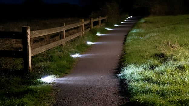 Illuminated Path Through Serene Landscape at Night. photo