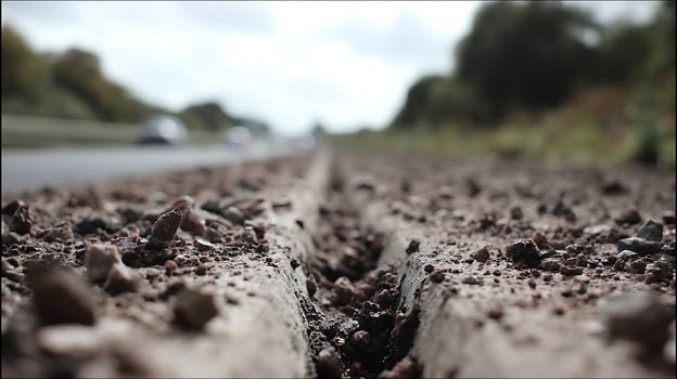Close Up on Rough Ground with Blurred Road and Trees. photo