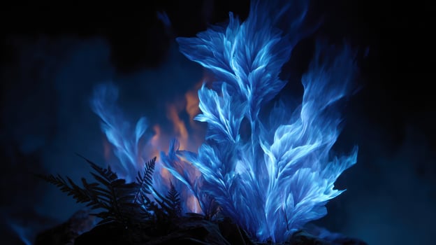 Magical blue flame like plants are growing in a dark forest. Fantasy nature photo