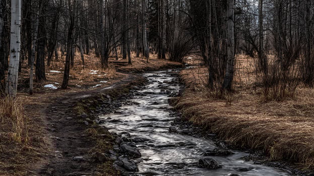 Serene Forest Stream Winds Through Autumn Landscape. photo