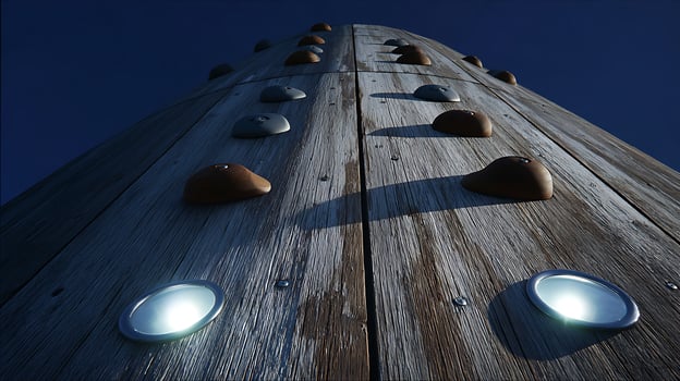 Climbing Upward on a Wooden Wall with Bright Lights Below. photo