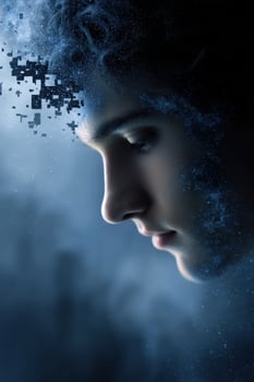 Man's mind dispersing into digital pixels background for tech concepts photo