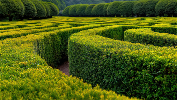 Maze of green hedges, pathway, garden, lawn with trees. A visual puzzle photo