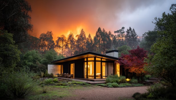 Modern house with fire in the forest, depicting a natural disaster for news photo