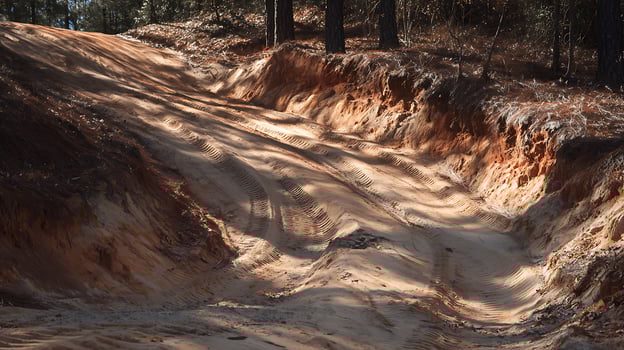 Sunlit Tire Tracks on a Sandy Forest Road Climb. photo