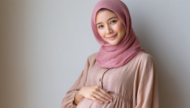 Muslim woman expecting, touching her belly, hope and happiness in neutral background photo