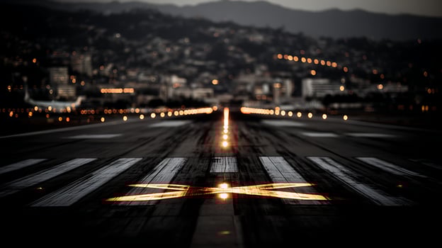 Airport runway at dusk with glowing lights and cityscape in background. photo