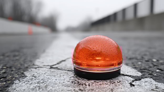 Orange Hazard Light Stands On Wet Road With Raindrops. photo