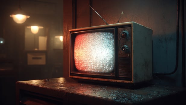 Old television showing static noise on a table in a dim, vintage room photo