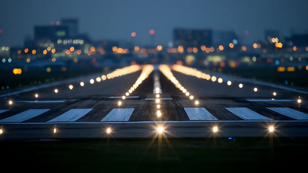 Runway Lights Guide Planes Through Evening Sky Towards City Glow. photo