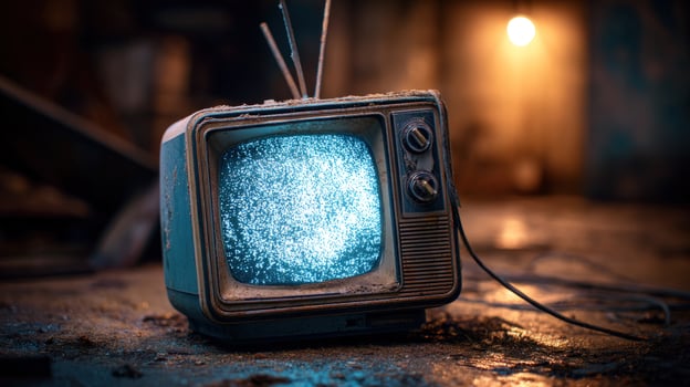 Old television with static on the screen in a destroyed building, for nostalgia photo