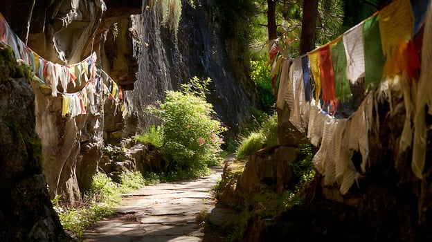 Serene Mountain Path Adorned with Colorful Prayer Flags in Sunlight. photo