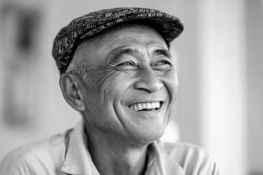 Older man in cap smiles, portrait in black and white, indoors, happy photo