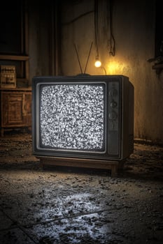 Old tv in rustic room showing static, nostalgia, vintage lifestyle concept photo